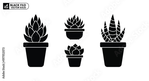 Set of 4 Black Succulent Potted Plants Vector Icons