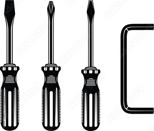 Screwdrivers and hex key silhouettes vector illustration set of hand tools isolated black design elements for repair maintenance and hardware work