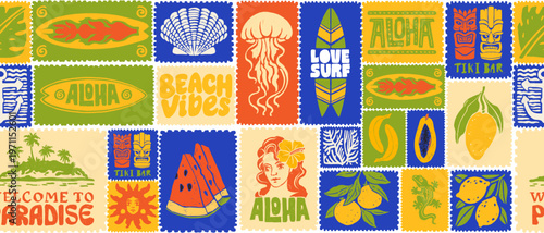 Summer tropical seamless pattern, hand drawn exotic vacation tile background, ocean mail sticker. Hawaii aloha square mosaic wallpaper, beach coastal collage texture. Sea summer pattern design graphic