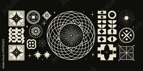 Geometric patterns and celestial shapes in a minimalist monochrome design