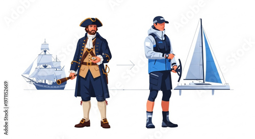 Historical pirate captain standing next to a modern yachtsman representing the evolution of sailing and navigation