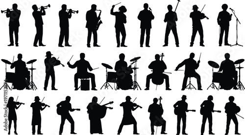 Large collection of music player silhouettes featuring musicians with guitar violin trumpet saxophone drums and cello, vector band icons isolated on white background.