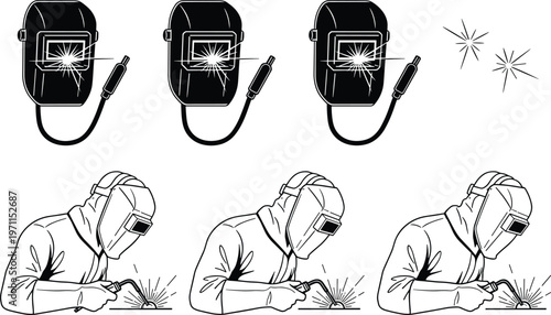 Set of welding helmet icons and welders working with sparks, industrial safety equipment vector illustration isolated on white background clean