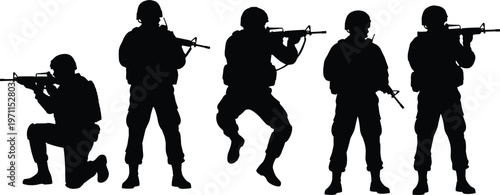 Soldier silhouettes vector illustration set with armed military personnel in different poses isolated black design for defense security and combat