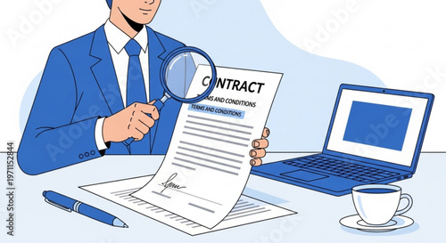 Businessman examining a legal contract with a magnifying glass while sitting at a desk with a laptop and coffee