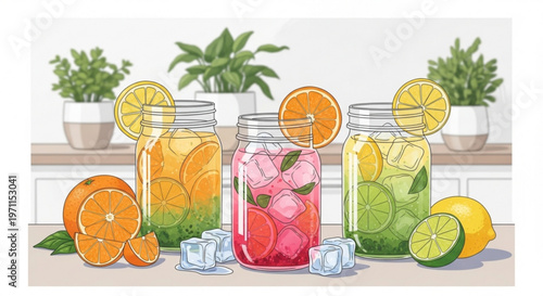 Three mason jars filled with refreshing fruit infused water featuring citrus slices and ice cubes on a kitchen table with decorative potted plants background