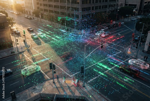 Smart city intersection traffic flow digital data visualization sunset
