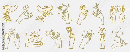 Minimalist line art of hands with nature elements like leaves, flowers, and celestial symbols. Elegant and simple hand illustrations with nature themes. Aesthetic spirituality vector illustration set.