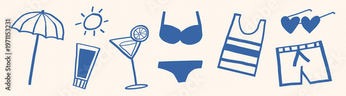 Summer essentials: beach umbrella, sun, swimsuit, cocktail, and sunglasses. Perfect for a sunny day. Enjoy summer with these essentials. Doodle illustrations, vector set.