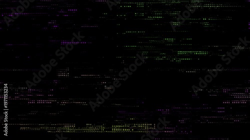 Abstract digital glitch overlay texture with scattered green and purple horizontal data artifacts on a black background.
