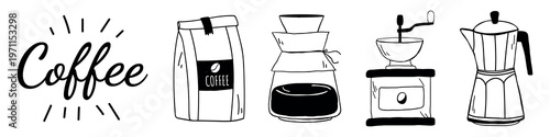 Coffee icons: bag, dripper, grinder, pot. Hand-drawn coffee tools: bag, dripper, grinder, pot. Simple coffee illustrations: bag, dripper, grinder, pot. Aesthetic cafe illustrations, isolated vectors.