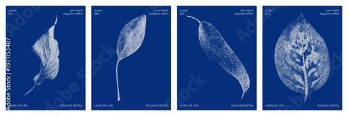 Cyanotype halftone overlay texture bg with leaves silhouettes. Vector soft blue wallpaper for template, graphic design projects, artworks.