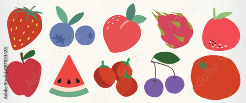 Colorful fruit illustrations including strawberries, blueberries, dragon fruit, and watermelon. Vibrant fruit designs with apples, cherries, and tomatoes. Cute food vector illustration set.
