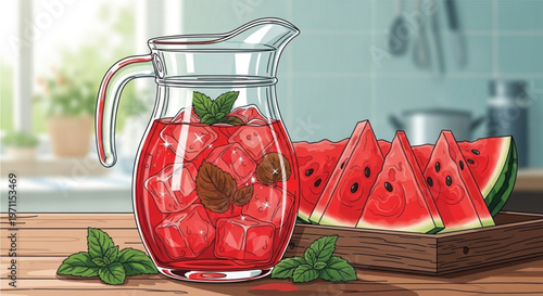 Glass pitcher filled with refreshing watermelon infused water decorated with fresh mint leaves and ice cubes accompanied by watermelon slices on a wooden tray