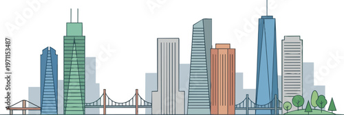 City skyline with tall buildings.