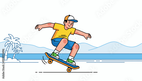 Boy Riding Skateboard Near Beach with Minimal Background Summer Lifestyle Illustration