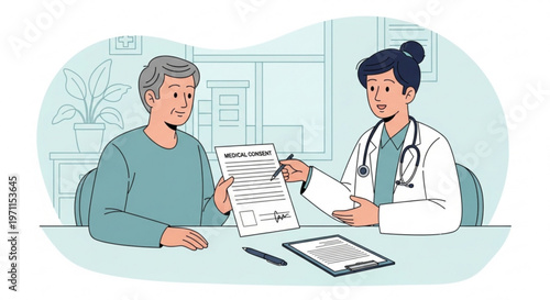 Doctor presenting medical consent form to elderly male patient for signature in clinical office setting illustrated vector