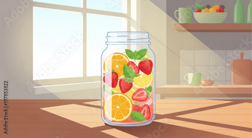 Fresh fruit infused water in glass jar on kitchen counter with sunlight streaming through window vector illustration