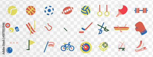 Colorful sports icons on a transparent background. Includes tennis, basketball, soccer, football, volleyball, gymnastics, ping pong, and weightlifting symbols. Sport illustrations, isolated vectors.