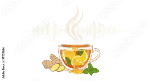 Hot ginger tea cup with fresh lemon slices and honey drip surrounded by ginger root and mint leaves with soft audio wave graphic background