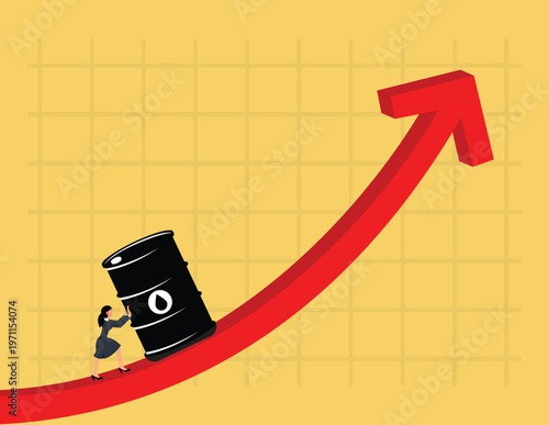 Crude oil market price increase. Businesswoman pushing oil drum up a rising graph
