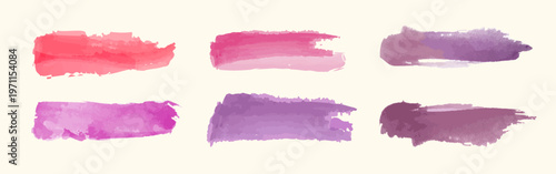 Set of six watercolor brush strokes in shades of pink, purple, and red. Artistic brush strokes create a textured, colorful design. Perfect for creative projects. Watercolor element vector set.