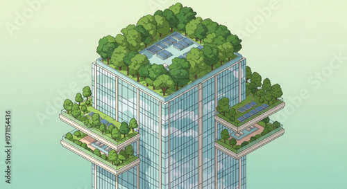Modern sustainable skyscraper with lush green roof gardens and solar panels in isometric vector style