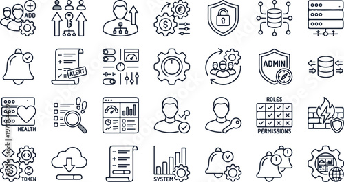 Admin Roles and User Permissions System Management Line Icon Set