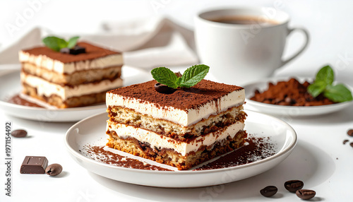 Two delicious tiramisu desserts on white plates with mint and coffee beans.