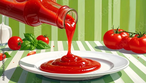 A plate with ketchup being poured onto it surrounded by tomatoes