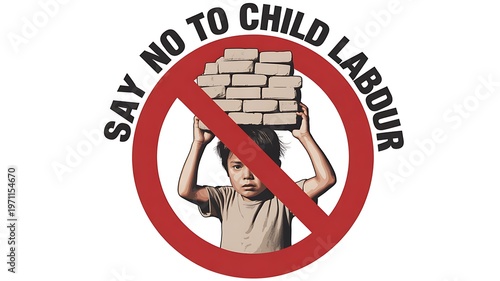 Child carrying bricks on head, say no to child labor message