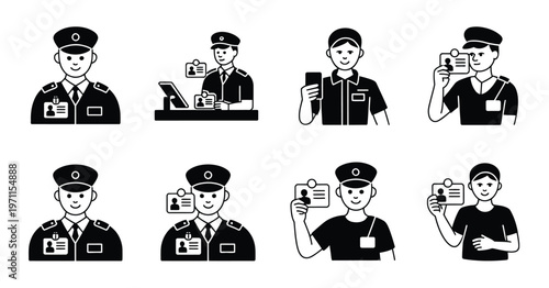 Security personnel, border control, and identity verification icon set featuring flat vector symbols representing guards, checkpoints, passports, ID checks, and authentication processes