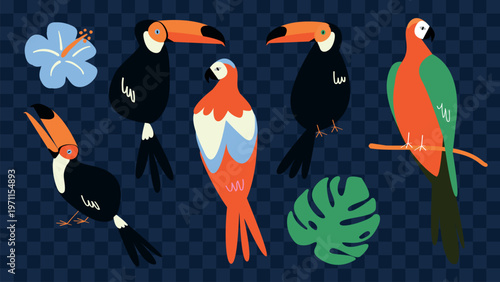 Colorful tropical birds, including toucans and parrots, with vibrant feathers. Tropical birds and leaves create a lively, exotic theme. Tropical and exotic vibes. Animal illustrations, vector set.