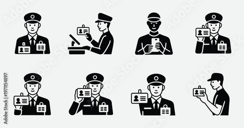 Security personnel, border control, and identity verification icon set showcasing icons for guards, inspection checkpoints, identity documents, and access control, presented as a cohesive vector 