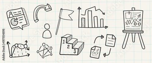Hand-drawn business icons on graph paper, featuring charts, graphs, and documents. Includes steps, flags, and arrows, emphasizing data and analysis. Business startup illustrations, element vector set.