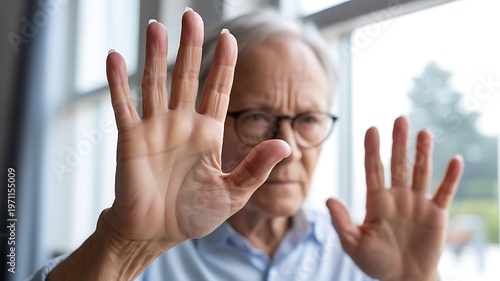 Older man with spectacles raising both hands in a clear gesture to stop or refuse
