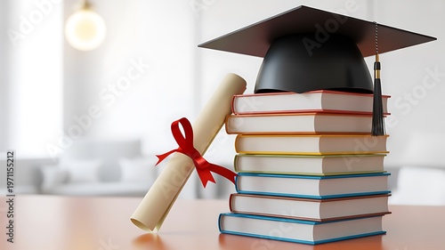 Graduation cap rests on a stack of colorful books with a tied diploma in a bright room