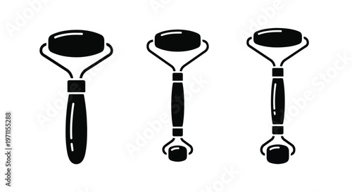 Set of 3 Black Jade Roller Vector Icons for Skincare and Beauty