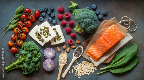 Abundant display of healthy raw food items including fresh salmon, diverse berries, broccoli, and tofu
