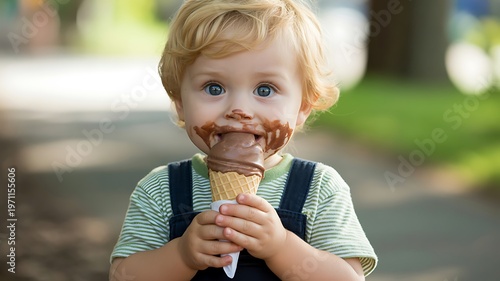 Adorable toddler with messy chocolate ice cream cone enjoying summer day outdoors
