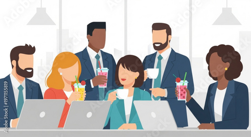 Diverse corporate team of professionals holding coffee cups and working together on laptops during a collaborative office meeting in a modern workspace