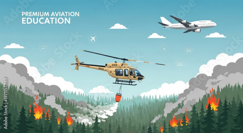 Helicopter firefighting in forest with water bucket aerial view professional illustration for aviation training and wildfire suppression emergency concept