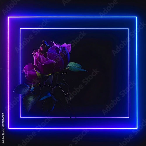 A purple rose in a neon-lit frame
