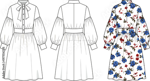 Women floral midi dress front back and print view vector illustration, long sleeve bow collar apparel mockup template fashion design