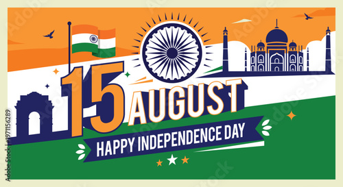 Indian Independence Day, 15 August Poster, India Flag Celebration, Patriotic Freedom Day, Tricolor Vector Illustration, taj mahal,