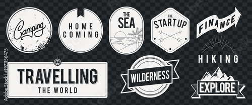 Vintage travel and adventure badges with themes like camping, hiking, and exploring. Includes designs for startup, finance, and homecoming. Retro style graphics. Logo element vector set.