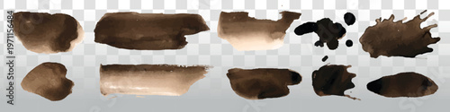 Set of brown watercolor brush strokes on transparent background. Various brown strokes, watercolor textures, and brush designs. Artistic brown brush elements. Element vector set.
