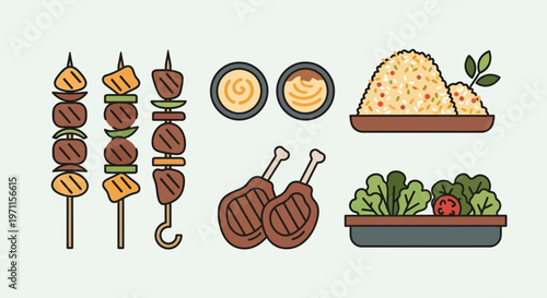 Middle Eastern Food and BBQ Vector Illustration Set, Shish Kebab Skewers, Grilled Lamb Chops, Spiced Rice, and Fresh Salad in Modern Line Art Style.