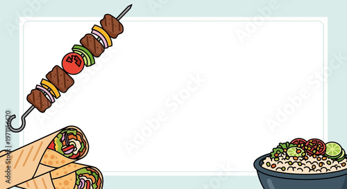 Halal Food Vector Illustration with Beef Kebab Skewer, Chicken Shawarma Roll, and Rice Bowl on White Blank Frame Background for Restaurant Menu Design.