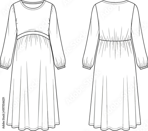 Women long sleeve midi dress front and back view vector illustration, elegant flowy apparel mockup template fashion clothing design outline
